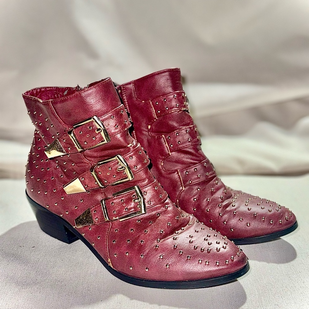 Studded Burgundy Ankle Boots